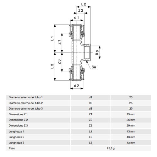 Immagine di Viega SMARTPRESS raccordo a T Ø 25 x 20 acciaio inox lucido con sc-contur 730031