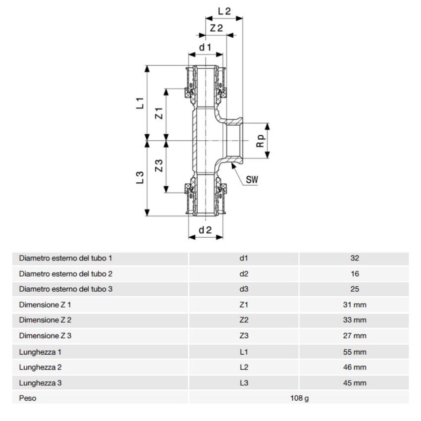Immagine di Viega SMARTPRESS raccordo a T Ø 32 x 16 x 25 acciaio inox lucido con sc-contur 730079