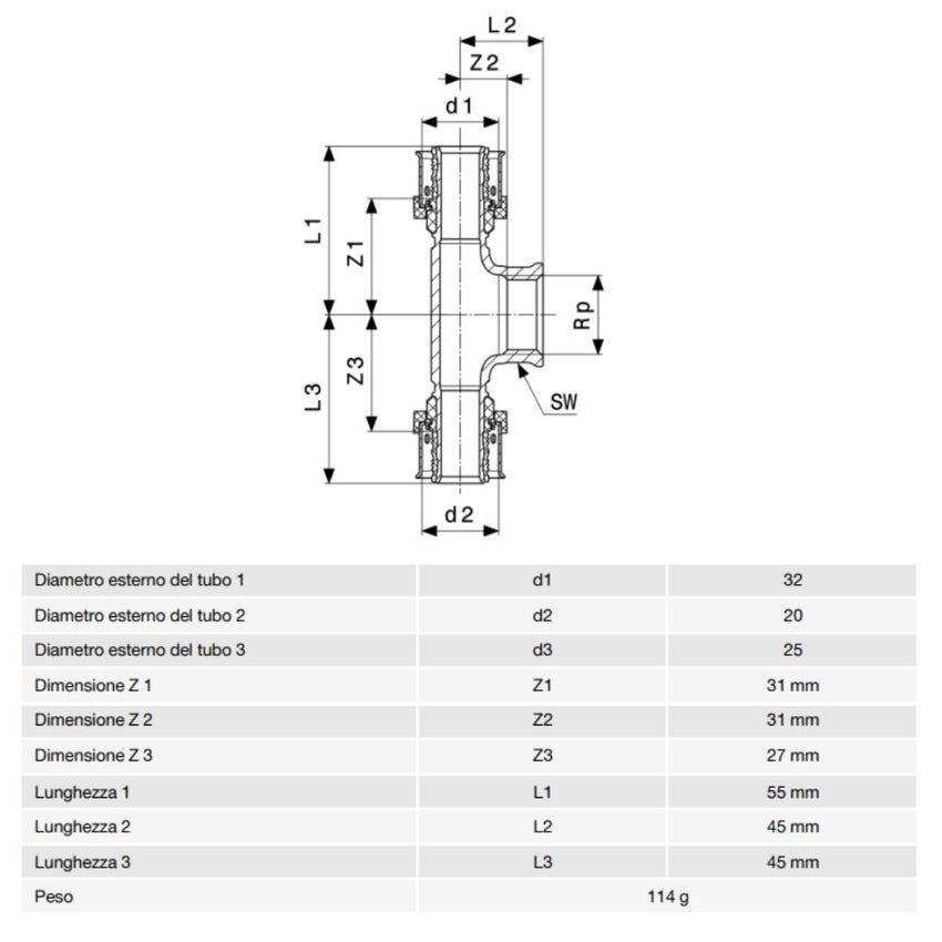 Immagine di Viega SMARTPRESS raccordo a T Ø 32 x 20 x 25 acciaio inox lucido con sc-contur 730093