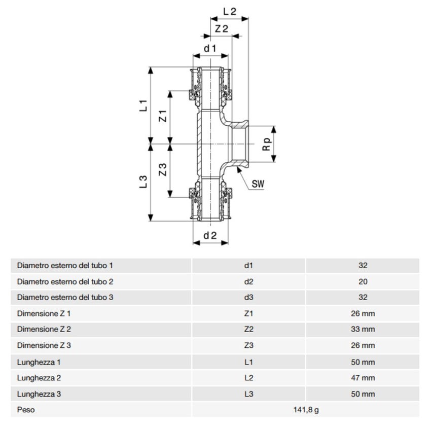 Immagine di Viega SMARTPRESS raccordo a T Ø 32 x 20 acciaio inox lucido con sc-contur 730109