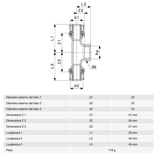 Immagine di Viega SMARTPRESS raccordo a T Ø 32 x 25 acciaio inox lucido con sc-contur 730116
