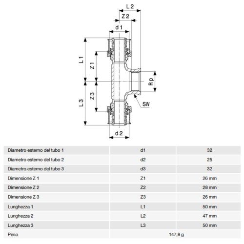 Immagine di Viega SMARTPRESS raccordo a T Ø 32 x 25 acciaio inox lucido con sc-contur 730123