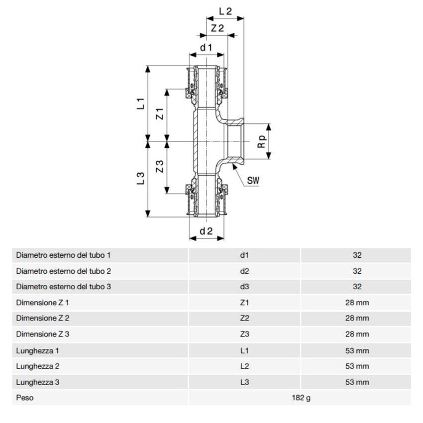 Immagine di Viega SMARTPRESS raccordo a T Ø 32 acciaio inox lucido con sc-contur 730062