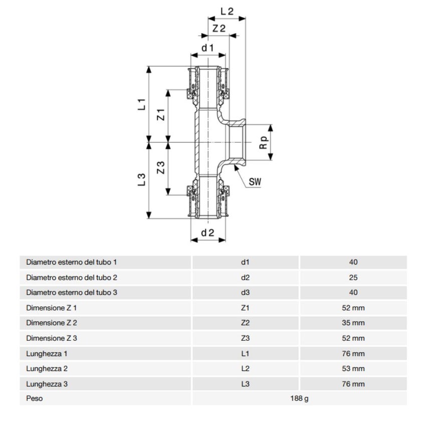 Immagine di Viega SMARTPRESS raccordo a T Ø 40 x 25 bronzo con sc-contur 732776