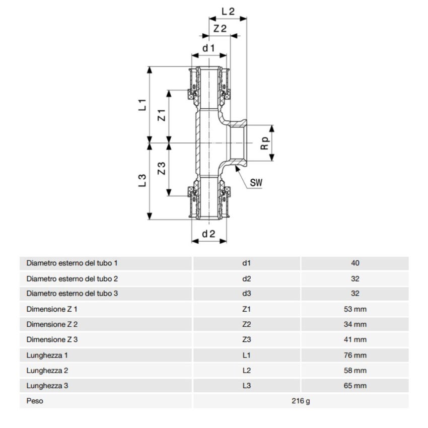Immagine di Viega SMARTPRESS raccordo a T Ø 40 x 32 bronzo con sc-contur 732783