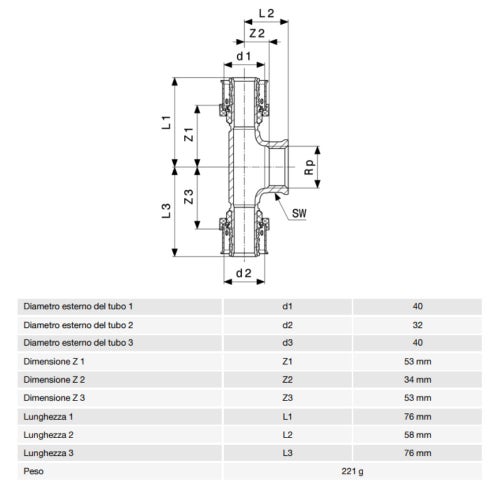 Immagine di Viega SMARTPRESS raccordo a T Ø 40 x 32 bronzo con sc-contur 732790