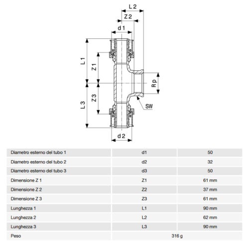 Immagine di Viega SMARTPRESS raccordo a T Ø 50 x 32 bronzo con sc-contur 732806