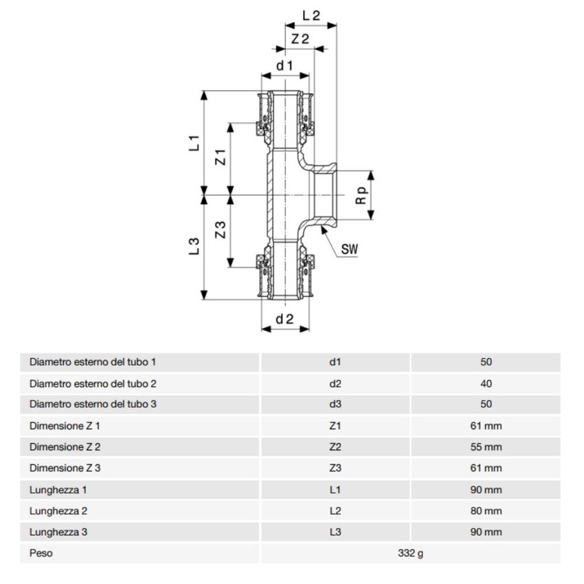 Immagine di Viega SMARTPRESS raccordo a T Ø 50 x 40 bronzo con sc-contur 732813