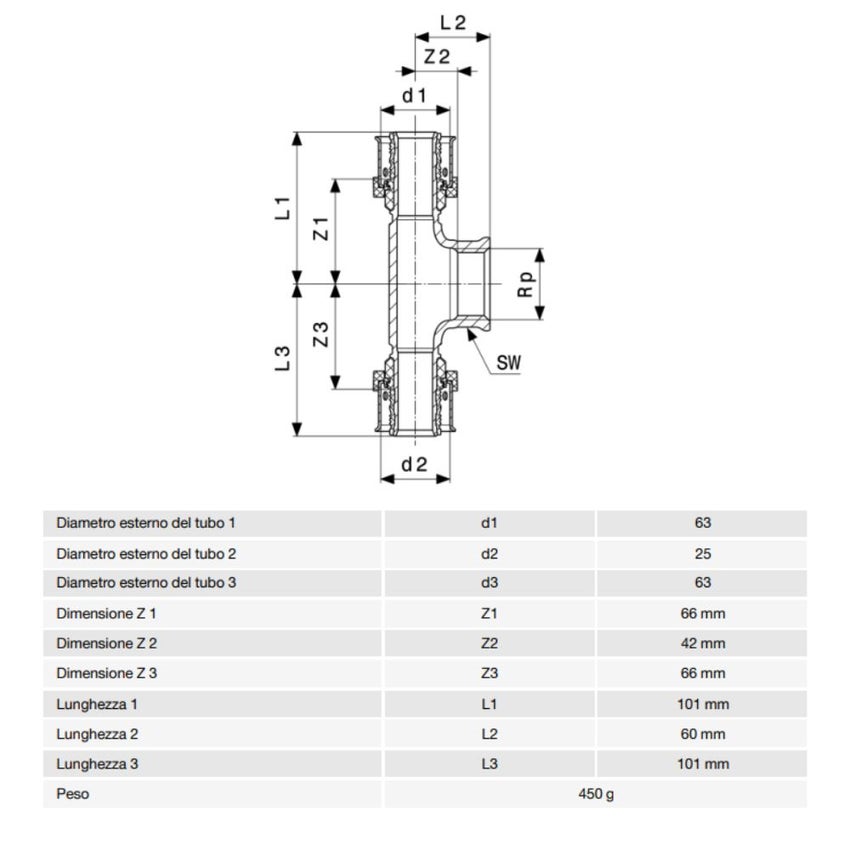 Immagine di Viega SMARTPRESS raccordo a T Ø 63 x 25 bronzo con sc-contur 732837