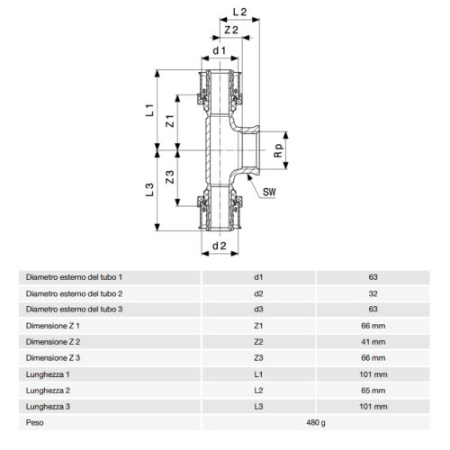 Immagine di Viega SMARTPRESS raccordo a T Ø 63 x 32 bronzo con sc-contur 732844
