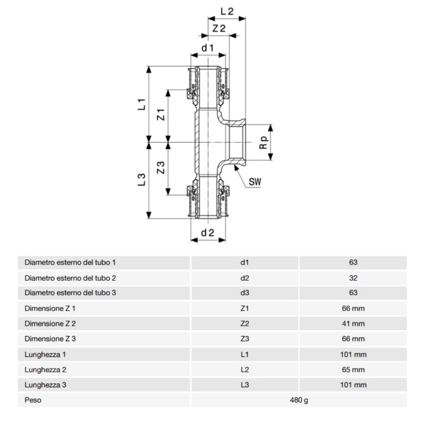 Immagine di Viega SMARTPRESS raccordo a T Ø 63 x 32 bronzo con sc-contur 732844