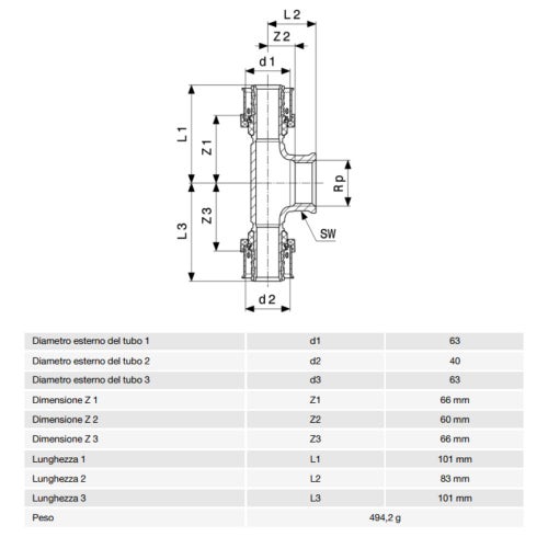 Immagine di Viega SMARTPRESS raccordo a T Ø 63 x 40 bronzo con sc-contur 732851