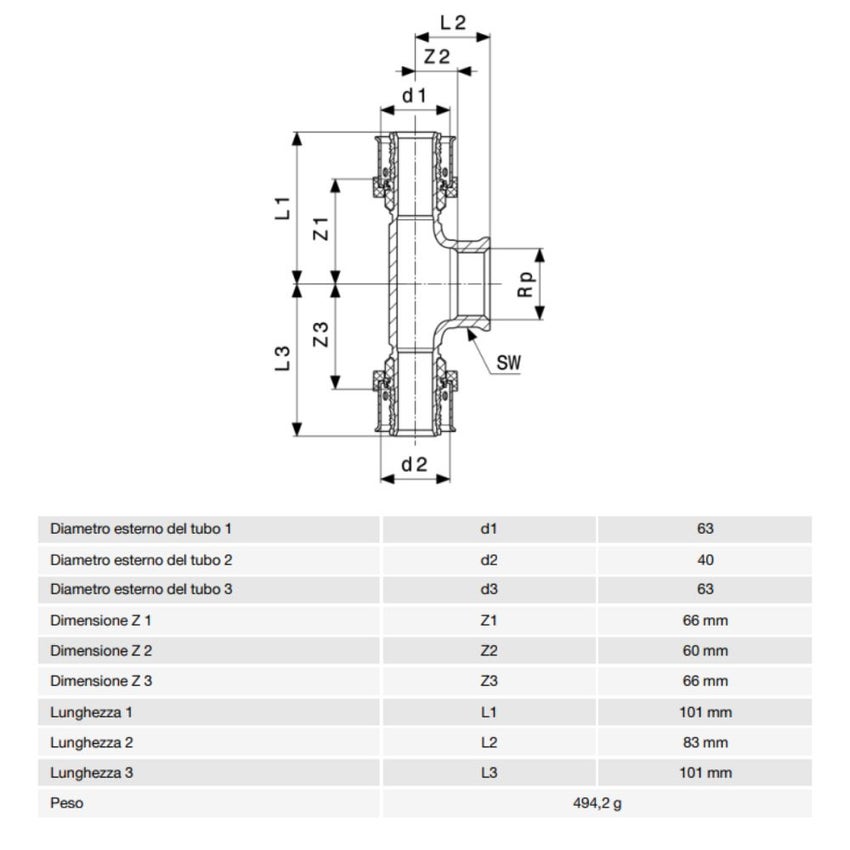 Immagine di Viega SMARTPRESS raccordo a T Ø 63 x 40 bronzo con sc-contur 732851