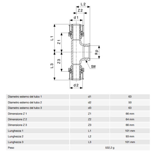 Immagine di Viega SMARTPRESS raccordo a T Ø 63 x 50 bronzo con sc-contur 732868