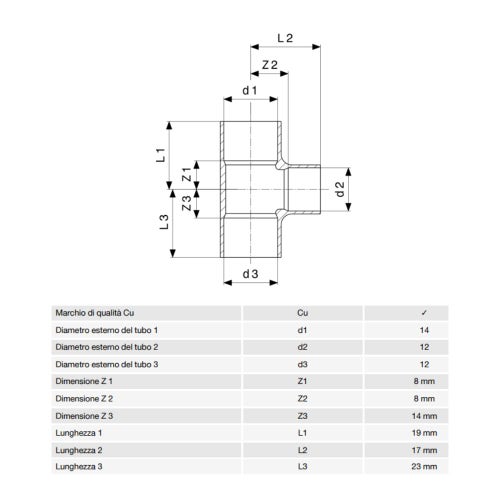 Immagine di Viega RACCORDI A SALDARE raccordo a T di Ø 14 x 12, di rame lucido 584412