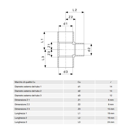 Immagine di Viega RACCORDI A SALDARE raccordo a T di Ø 14 x 12, di rame lucido 584429