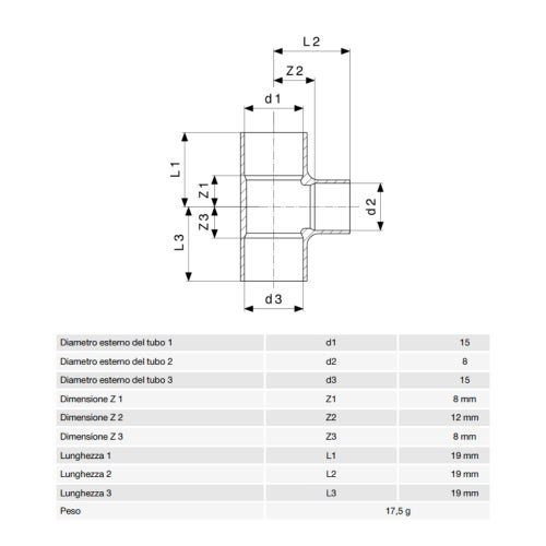 Immagine di Viega RACCORDI A SALDARE raccordo a T di Ø 15 x 8, di rame lucido 120245