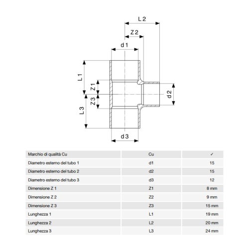 Immagine di Viega RACCORDI A SALDARE raccordo a T di Ø 15 x 12, di rame lucido 104863