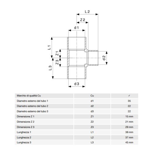 Immagine di Viega RACCORDI A SALDARE raccordo a T di Ø 35 x 22, di rame lucido 123673