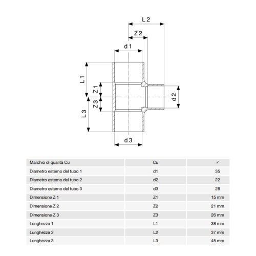 Immagine di Viega RACCORDI A SALDARE raccordo a T di Ø 35 x 22 x 28, di rame lucido 113599