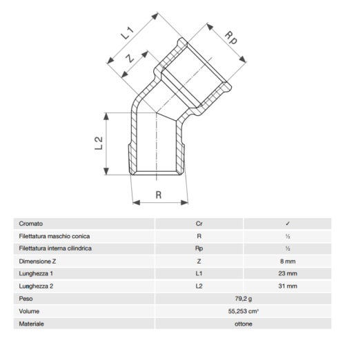 Immagine di Viega RACCORDI FILETTATI DI BRONZO curva a 45° Ø 1/2" ottone cromato m/f 115555