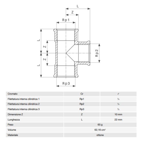 Immagine di Viega RACCORDI FILETTATI DI BRONZO raccordo a T Ø 3/8" ottone cromato f/f/f 114275