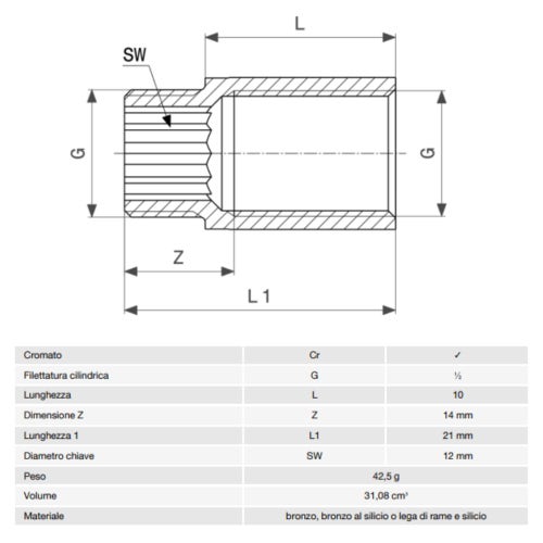 Immagine di Viega RACCORDI FILETTATI DI BRONZO prolunga da 1/2", L.1 cm, bronzo cromato  447151