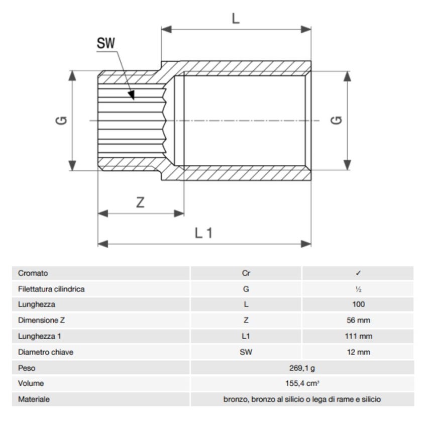 Immagine di Viega RACCORDI FILETTATI DI BRONZO prolunga da 1/2", L.10 cm, bronzo cromato  447243