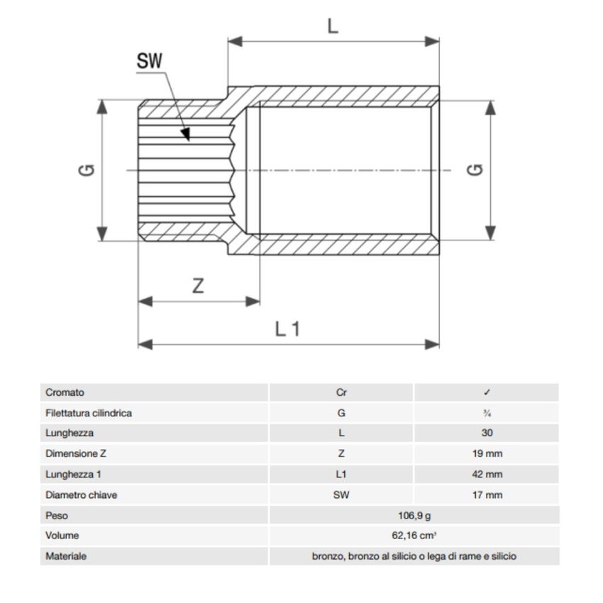 Immagine di Viega RACCORDI FILETTATI DI BRONZO prolunga da 3/4", L.3 cm, bronzo cromato  447311