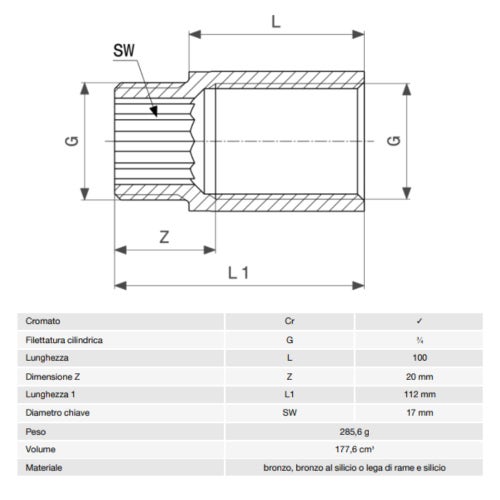 Immagine di Viega RACCORDI FILETTATI DI BRONZO prolunga da 3/4", L.10 cm, bronzo cromato 447366