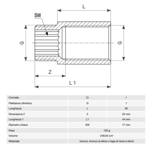 Immagine di Viega RACCORDI FILETTATI DI BRONZO prolunga da 1", L.3 cm, bronzo cromato 447403
