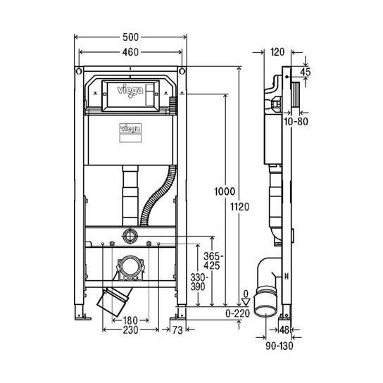Immagine di Viega PREVISTA DRY modulo per wc con doccetta, con altezza regolabile, H.112 cm, con impostazione di risciacquo totale ca. 3,5–7,5 L., per cartongesso 771997