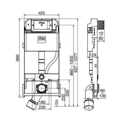 Immagine di Viega PREVISTA DRY PLUS modulo per wc regolabile in altezza, H.93.7 - 107.7 cm, con impostazione di risciacquo totale ca. 3,5–7,5 L., per cartongesso 824099