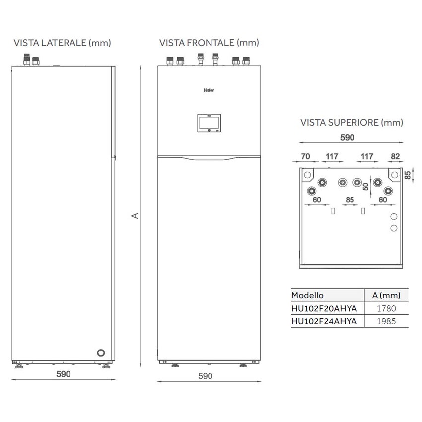 Immagine di Haier ALL IN ONE R290 Sistema composto da pompa di calore Inverter 14 kW monofase e modulo idronico 200 litri per produzione ACS con resistenza di backup 2+4 AW142HVGHA+HU162F20AHYA