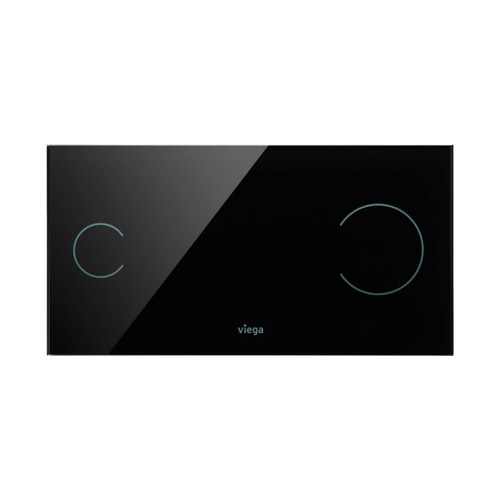 Immagine di Viega VISIGN FOR MORE 100 placca di comando, risciacquo a due quantità, placca in alluminio cromato lucido e tasti in vetro nero 597498