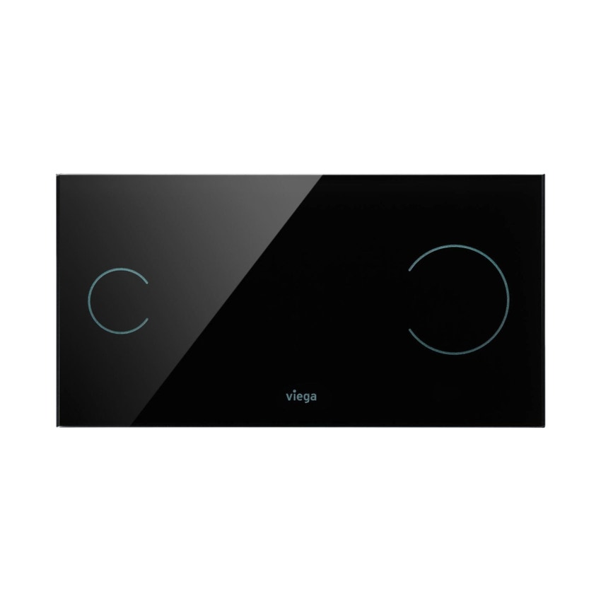 Immagine di Viega VISIGN FOR MORE 100 placca di comando, risciacquo a due quantità, placca in alluminio cromato lucido e tasti in vetro nero 597498