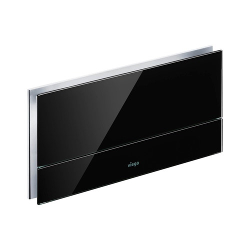 Immagine di Viega VISIGN FOR MORE 101 placca di comando, risciacquo a due quantità, placca in alluminio cromato lucido e tasti in vetro nero 597429