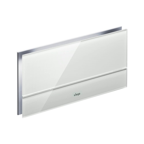 Immagine di Viega VISIGN FOR MORE 101 placca di comando, risciacquo a due quantità, placca in alluminio cromato lucido e tasti in vetro trasparente/grigio chiaro 597412