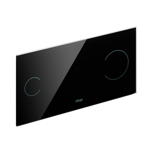 Immagine di Viega VISIGN FOR MORE 100 placca di comando sensitive, risciacquo a due quantità, tasti rotondi, placca di vetro nero 615895
