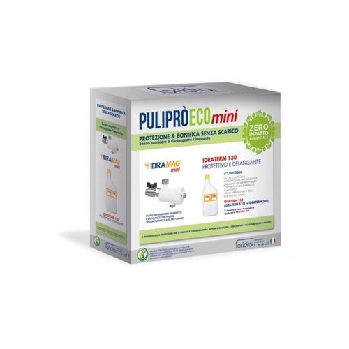 Immagine di Foridra PULIPRÒ ECO MINI NERO pacchetto prodotti scarico zero, protettivo, disperdente e defangatore magnetico per 100 l. d'acqua con valvola e codolo PULIPECNC