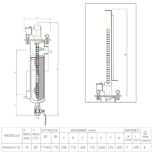 Immagine di Foridra IDRAMAG F 65 filtro defangatore magnetico in acciaio inox per installazione in linea, attacchi 1" 1/2 G, portata massima 8 mc/h I.F50