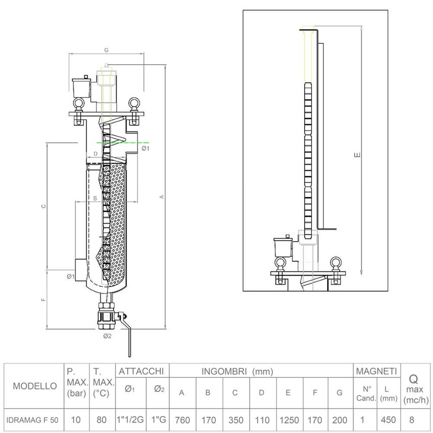 Immagine di Foridra IDRAMAG F 65 filtro defangatore magnetico in acciaio inox per installazione in linea, attacchi 1" 1/2 G, portata massima 8 mc/h I.F50