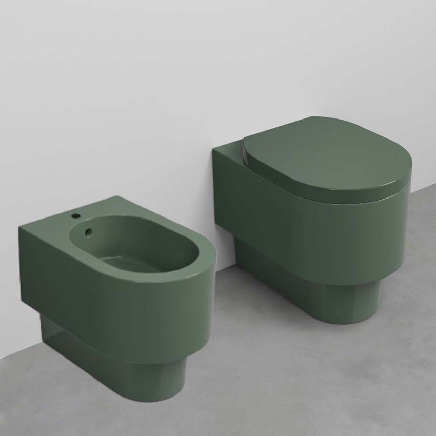 Immagine di Cielo OTIS set sanitari a terra, vaso senza brida con sedile a discesa rallentata e bidet monoforo, colore alga finitura lucido OTVAKAL+CPVOTTFAL+OTBIAL