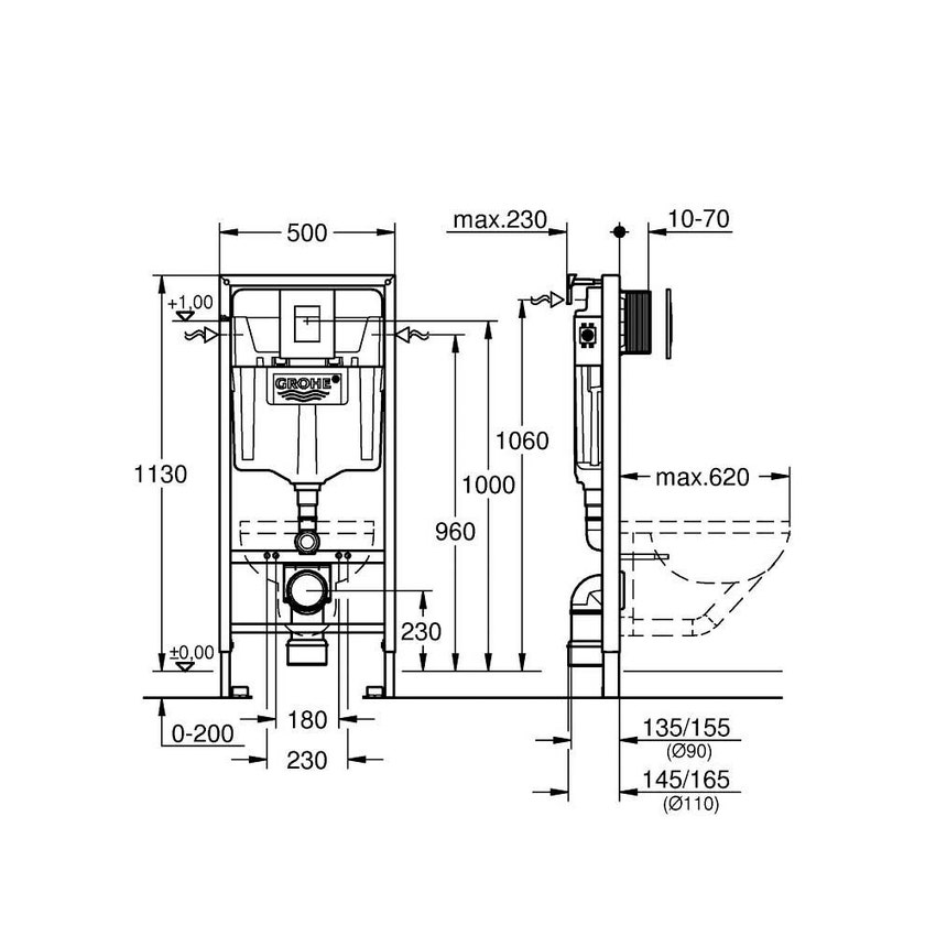 Immagine di Grohe RAPID SL 3 in 1 set per wc con piastra di azionamento Skate Cosmopolitan finitura cromo, cassetta di sciacquo, modulo per vaso sospeso e set di fissaggio 38772001