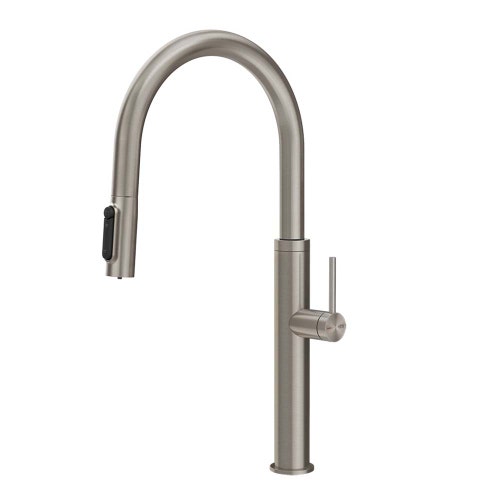 Immagine di Gessi 316 FLESSA miscelatore con doccetta estraibile doppio-getto e bocca girevole per lavello, con funzione acqua filtrata, finitura steel brushed 60822#239