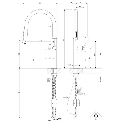 Immagine di Gessi 316 FLESSA miscelatore con doccetta estraibile doppio-getto e bocca girevole per lavello, con funzione acqua filtrata, finitura steel brushed 60822#239