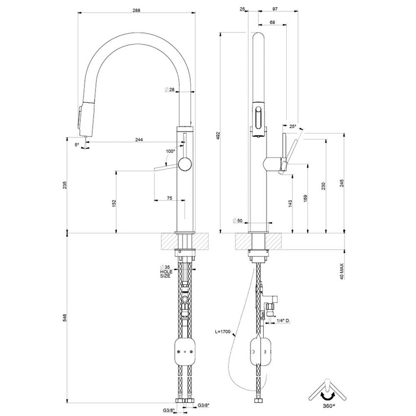 Immagine di Gessi 316 FLESSA miscelatore con doccetta estraibile doppio-getto e bocca girevole per lavello, con funzione acqua filtrata, finitura steel brushed 60822#239