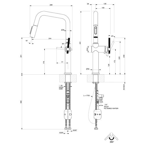 Immagine di Gessi HABITO miscelatore con doccetta estraibile doppio-getto e bocca girevole per lavello, con funzione acqua filtrata, finitura cromo 60852#031