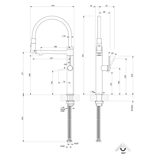 Immagine di Gessi 316 FLESSA miscelatore semi-professionale monocomando H.50 cm, con bocca girevole e doccetta estraibile doppio-getto, colore nero finitura opaco 60210#299