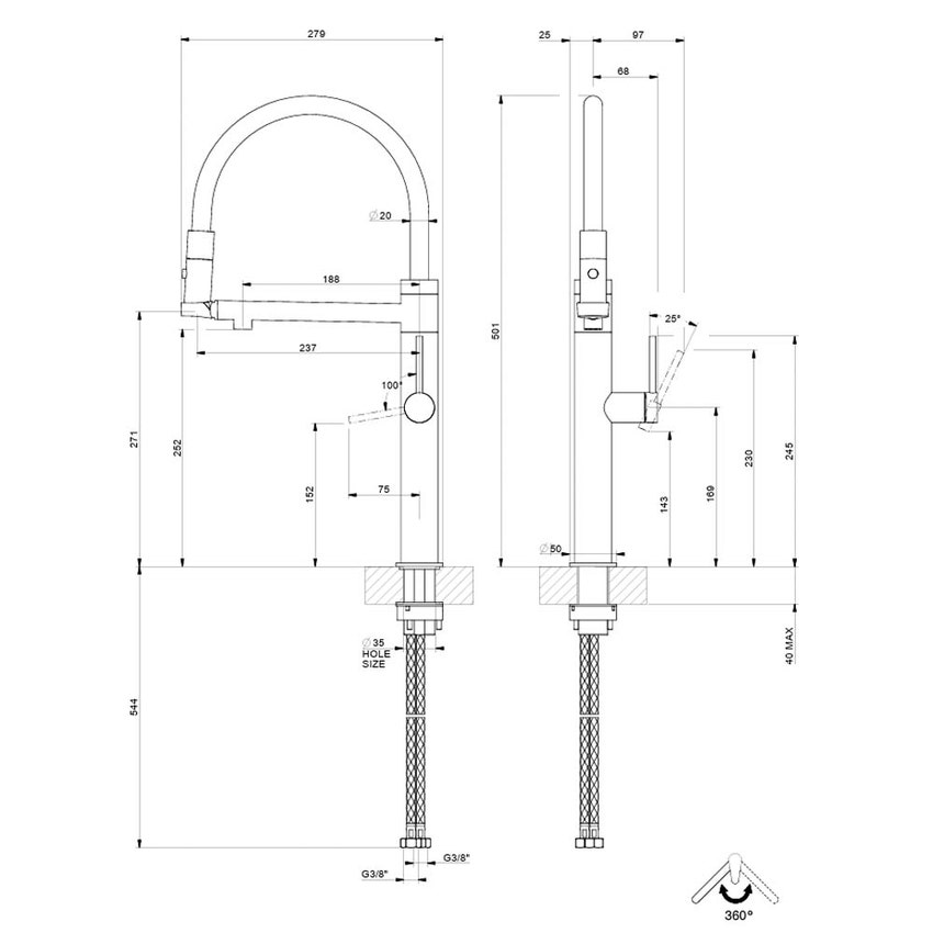 Immagine di Gessi 316 FLESSA miscelatore semi-professionale monocomando H.50 cm, con bocca girevole e doccetta estraibile doppio-getto, finitura warm bronze brushed PVD 60210#726